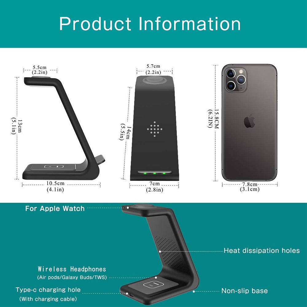 3 in 1 Wireless Charger Stand for iPhone, Apple Watch & AirPods
